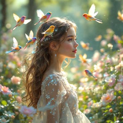 The primary subject of the image is a young girl with long hair, wearing a dress and a flower crown. She is surrounded by a beautiful garden setting, with flowers and birds flying around her. The visual style of the image is a combination of photo and digital art, creating a whimsical and dreamy atmosphere. The colors in the image are predominantly pastel shades, which contribute to the overall mood of the scene.